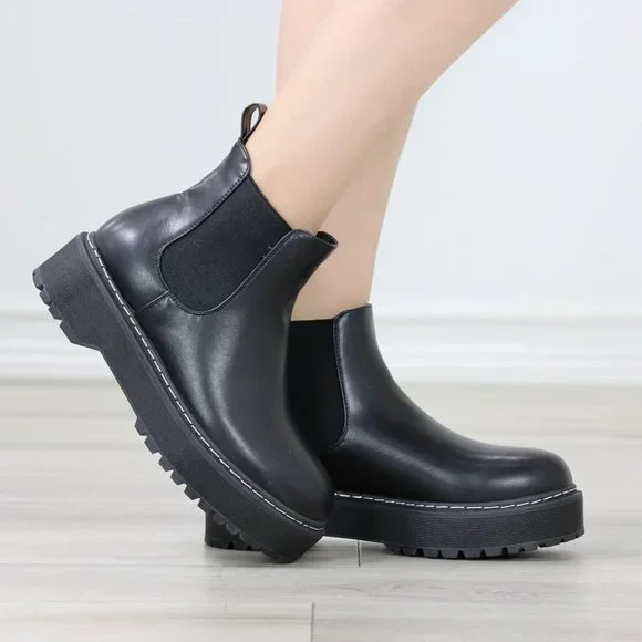 Womens Combat Boots Slip On Platform Chelsea Bootie Chunky Lugged Sole - Picture 9 of 13